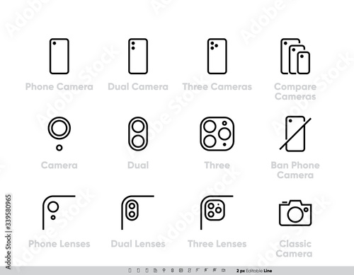 Phone Pro Camera with Scanner AR icon set. One, Dual, Three, Compare Cameras and Ban Phone Camera. Transformative Dual, Triple Camera System. Editable Line vector
