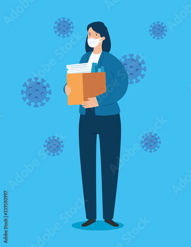 businesswoman sad unemployed with box and particles covid 19 vector illustration design