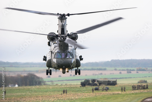 RAF Chinook helicopter on a training mission during Exercise Wessex Storm on Salisbury Plain Training Area, Wiltshire, UK