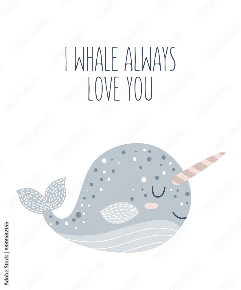 Obraz premium Vector hand drawn poster for nursery decoration with cute whale and lovely slogan. Doodle illustration. Perfect for baby shower, birthday, children's party, spring holiday, clothing prints