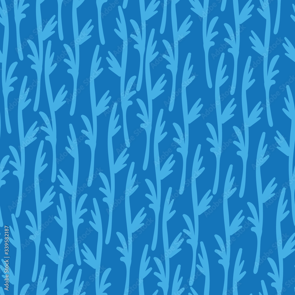 Blue plants field seamless vector pattern. Monochromatic surface print design. For backgrounds, textures, fabrics, stationery, and packaging.