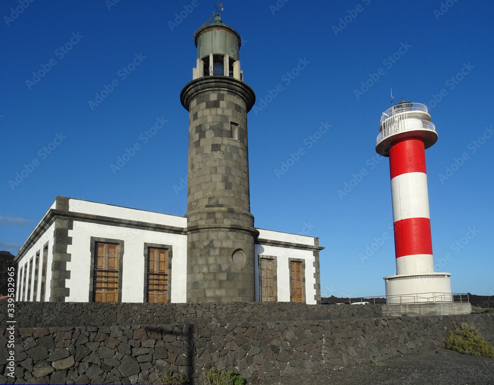 Historic and new lighthouses in Fuencaliente. South of La Palma Island. Canary Islands. Spain. 