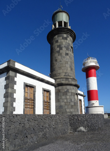 Historic and new lighthouses in Fuencaliente. South of La Palma Island. Canary Islands. Spain. 