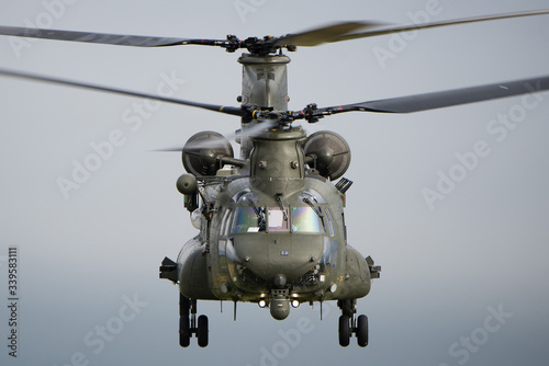 RAF Chinook helicopter on a training mission during Exercise Wessex Storm on Salisbury Plain Training Area, Wiltshire, UK photo