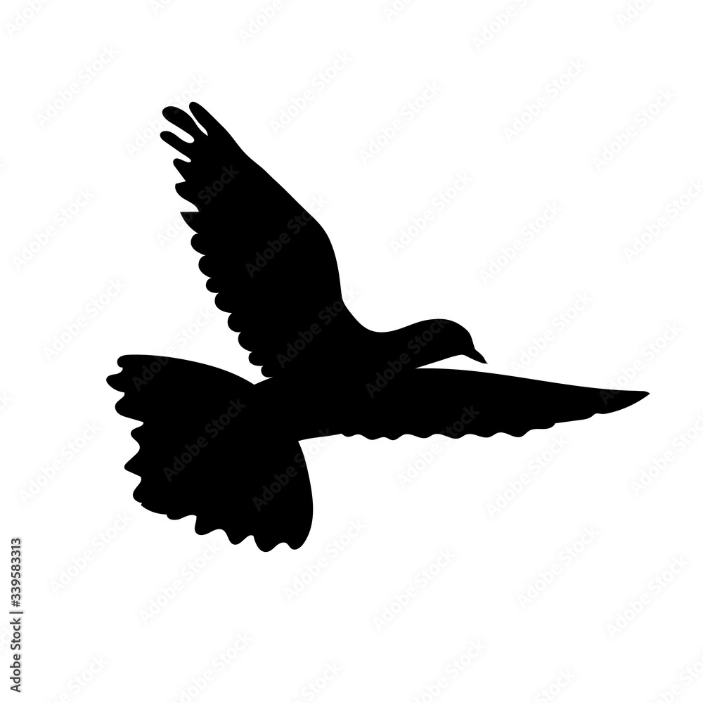 Obraz premium Icon of bird dove flying in sky. Flat cartoon character design. Black cute peace pigeon silhouette template. Vector illustration isolated on white background.