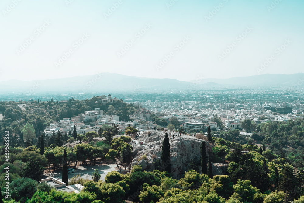 The view of the city of Athens from the Areopagus, near Acropolis. Greece, August 2019