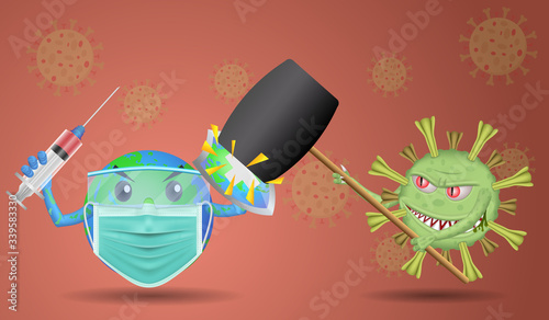 World or earth in protective mask and glasses holding shield and Vaccine syringe, fighting covid-19 cell is holding hammer, Coronavirus, 2019-nCoV, covid-19, Concept of fight against virus.