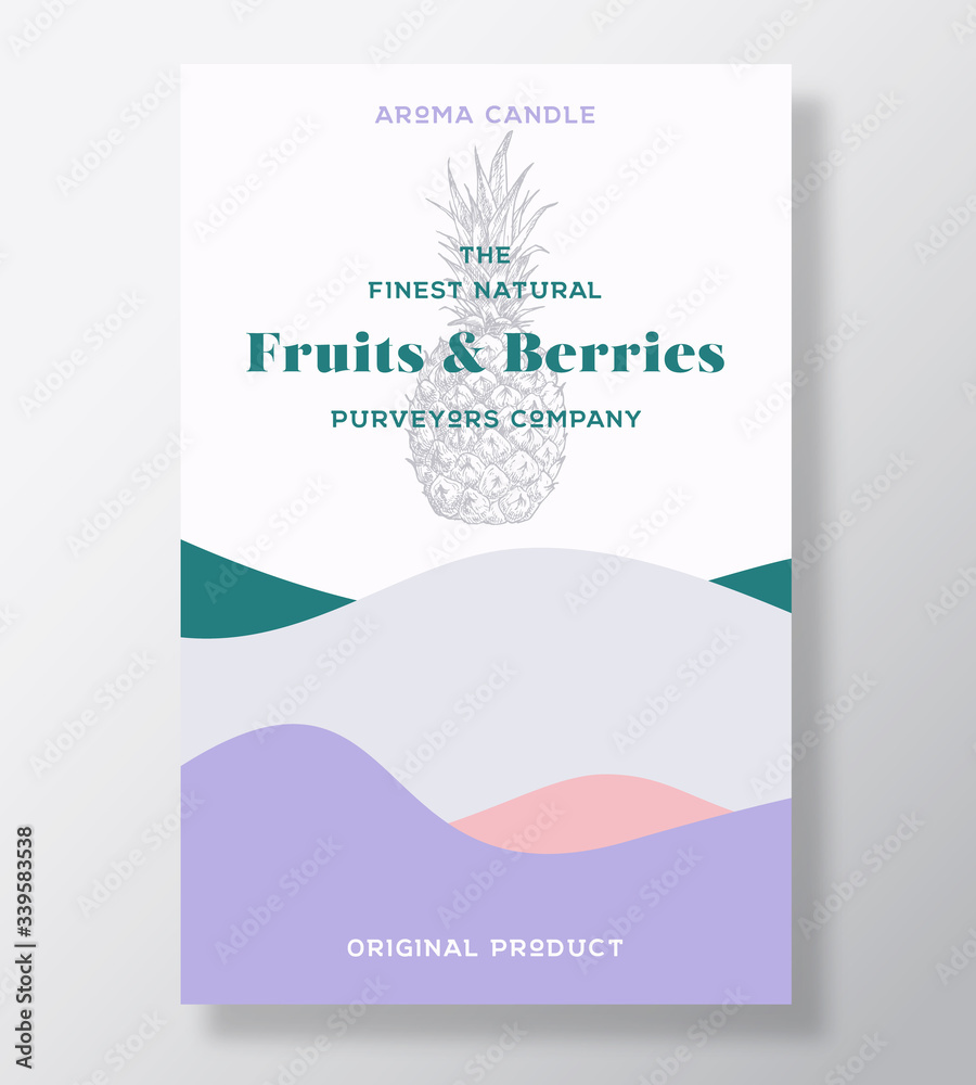 Fototapeta premium Aroma candle vector label template. Fruits and berries scent from local purveyors advert design. Pineapple sketch background layout with abstract waves decor. Natural smell product package text space