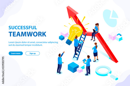 Successfull teamwork concept banner. Office workers teamwork search for new business ideas and achieve the goal. Isometric flat vector illustration for web, presentation, infographic.