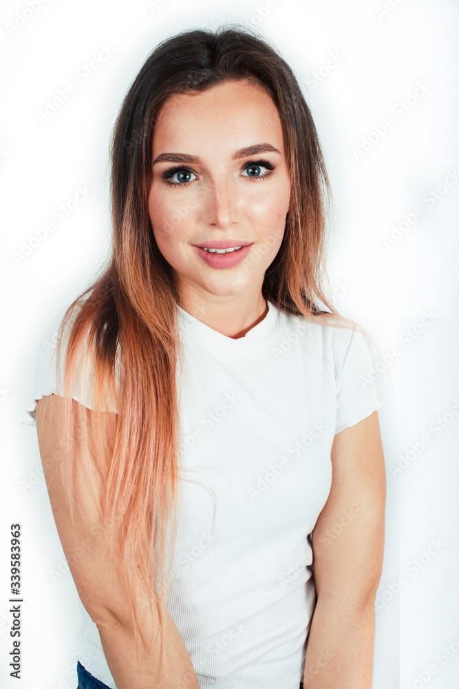 young pretty teenage hipster girl posing emotional happy smiling on white background, lifestyle people concept young pretty teenage hipster girl posing emotional happy smiling on white background, lifestyle people concept
