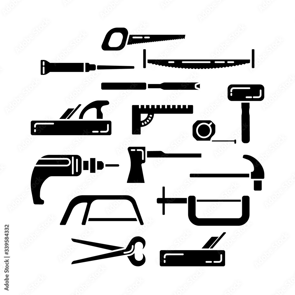 Carpenter tools set isolated on white background. Black icons for construction, decoration, repair services. Tool kits. Sale, rent. Hand tools.  Shop for locksmith, carpenter, foreman.