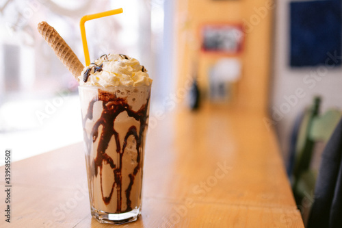A delicious mocha frappe on a table at a restaurant photo