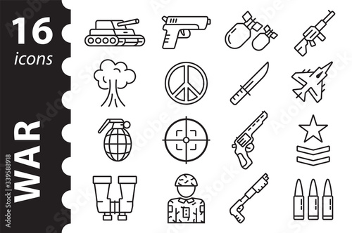 War icons set. Linear army symbols. Vector illustration in a flat style.