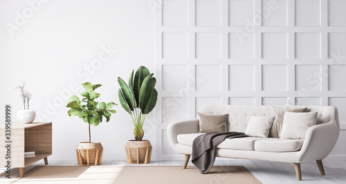 Stylish living room interior with wooden coffee table, plants and elegant accessories. Beautiful beige sofa, Template. Modern home staging. Wall paneling. Details