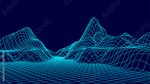 Wireframe landscape design on blue background. Technology vector grid.