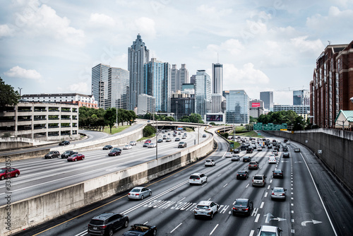 traffic on the highway through city skyline in Atlanta