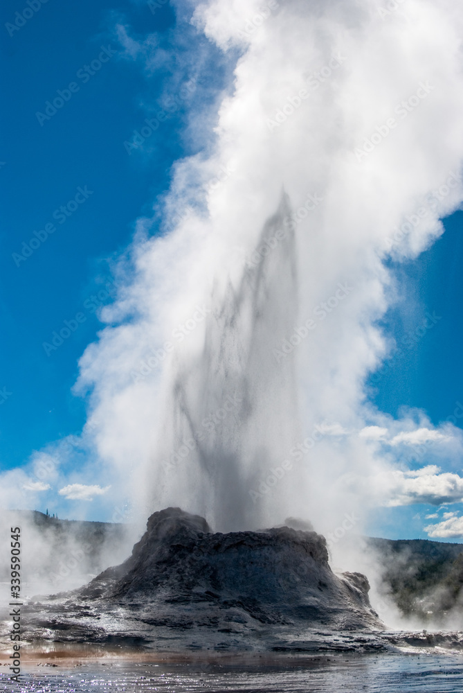 Backlit view of Castle Geyser erupting in Yellowstone National Park's Upper Geyser Basin