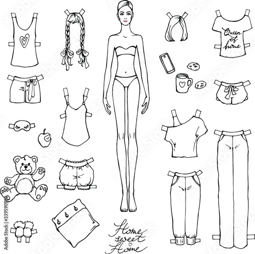 Vector set of linear sketches for coloring . Paper doll , girl and collection of home clothes and accessories: t-shirts, pants, pajama,cup of tea,teddy bear, mobile phone. Educational toy for girls.