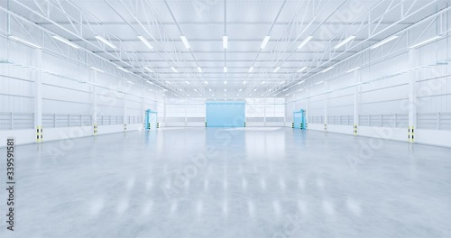 3d rendering of empty hangar and concrete floor move rotate from center of building. photo