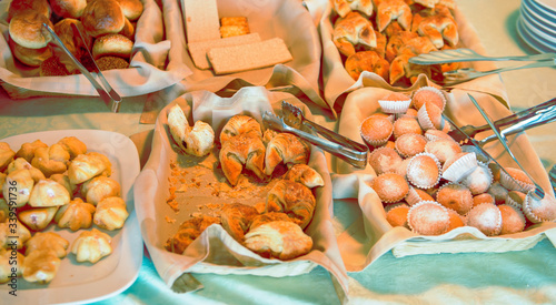 delishios cakes for breakfast on table photo