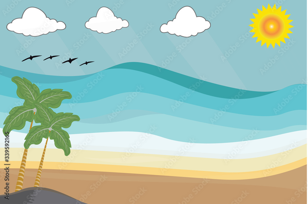  Vector Illustration Design Of Beach ,Summer abstract landscape with sand, ocean waves and sun. Summertime. 
