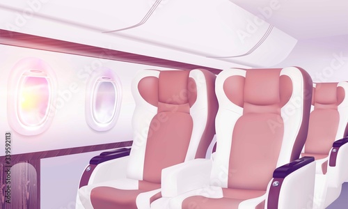 Airplane windows banner. Aircraft interior travel poster, summertime sky in plane porthole, passenger transport. Vector travelling illustration background about business class