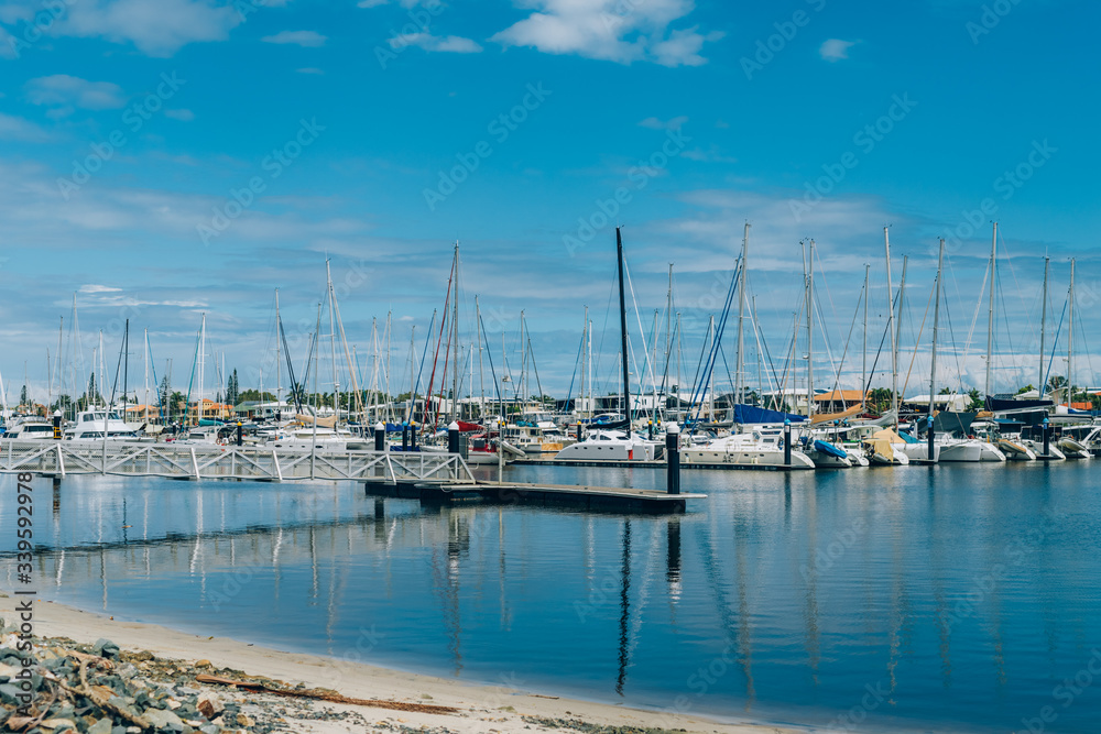 Yacht Club in Sunshine Coast Australia. Many boats on water at beautiful sunny day.