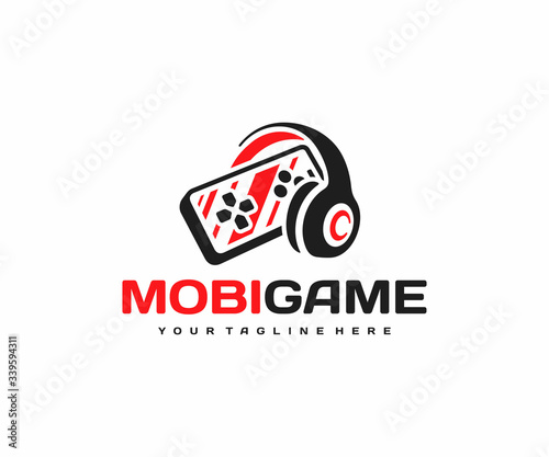 Mobile gaming logo design. Smartphone with headphones vector design. Mobile phone video games logotype