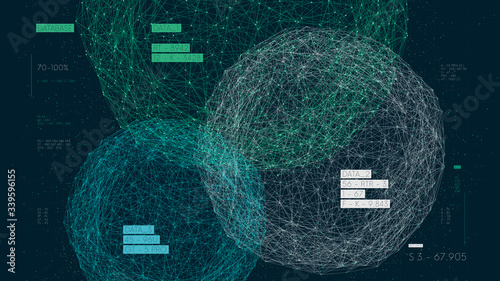 Three databases, data analysis and sorting, digital information field, high technology vector illustration