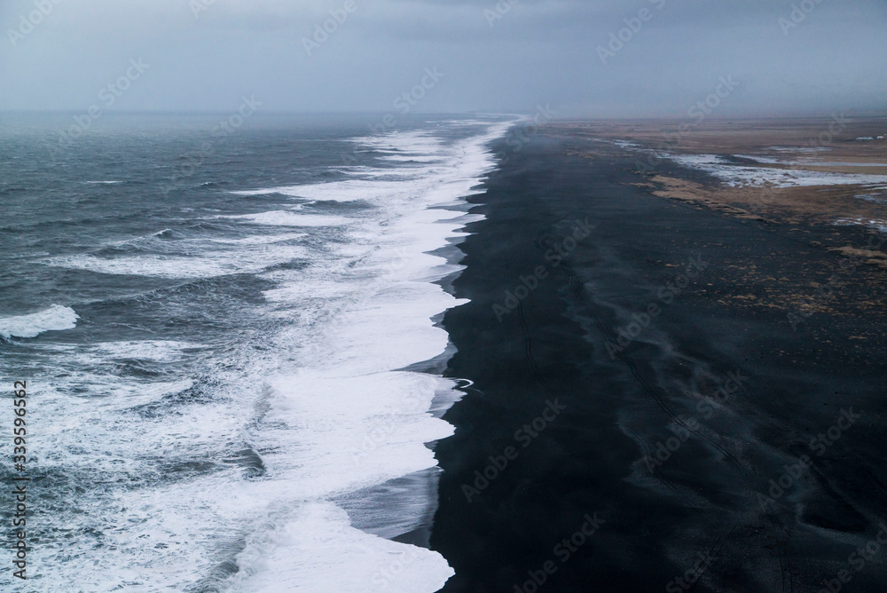 aerial view of black sand beach in iceland