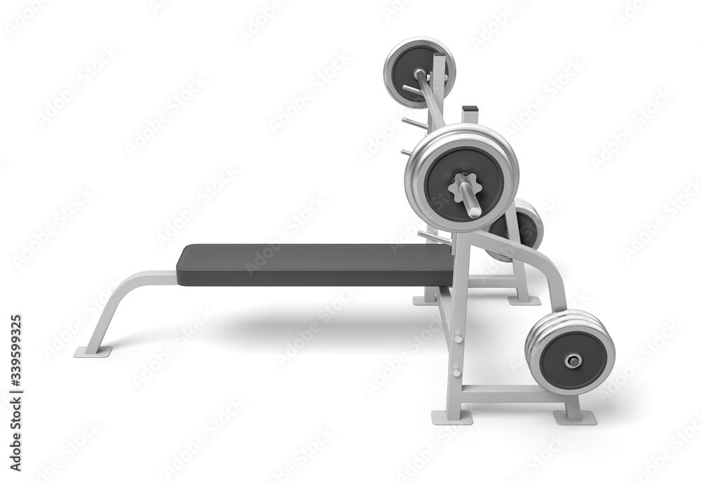 3d rendering of weight bench with metal barbell isolated on white background 3d rendering of weight bench with metal barbell isolated on white background