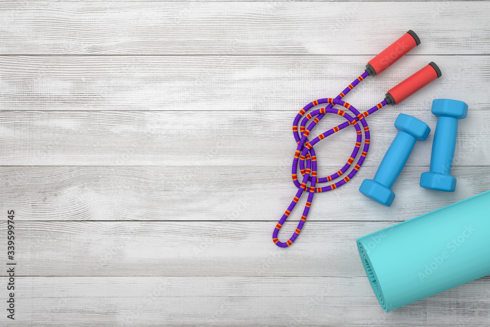 3d rendering of violet jumping rope, blue dumbbells and fitness mat on wooden background 3d rendering of violet jumping rope, blue dumbbells and fitness mat on wooden background