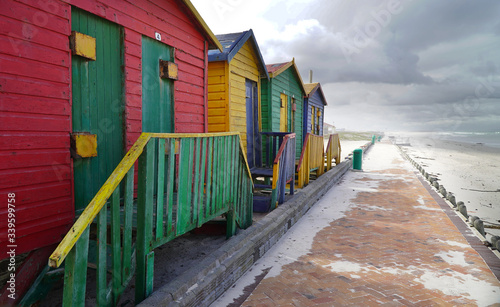  Empty changerooms and beach at Muizenberg in Cape town, South Africa during the lock down.