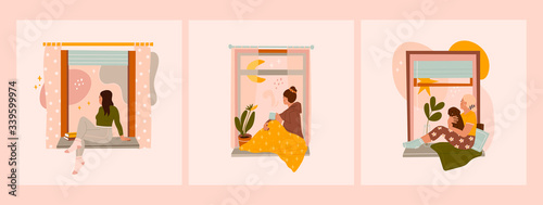 Various Young ladies looking through window while sitting on windowsill at home.Set of three Hand drawn colored Vector illustrations. Thinking, meditating, reading concept. Stay at home