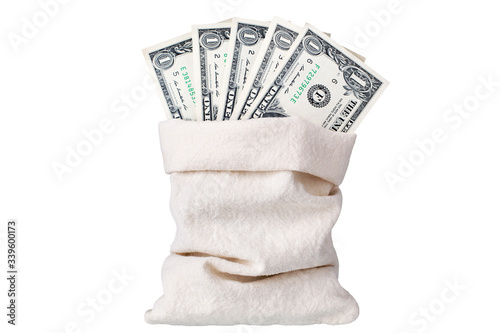 One us dollar banknotes in burlap sack on white background isolated close up, 1 american dollar bill fan in bagful, canvas bag full of fanned cash paper money, money bag design, currency saving in sac