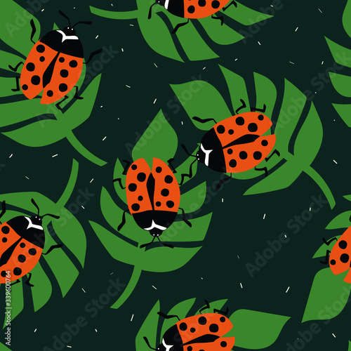 Seamless pattern, ladybugs and palm leaves, hand drawn overlapping backdrop. Colorful background vector. Cute illustration, insects. Decorative wallpaper, good for printing