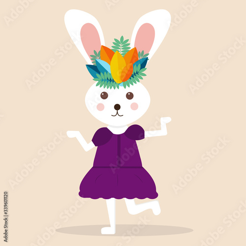 Cute rabbit in a beautiful dress is dancing. With a wreath of leaves on the head. Vector illustration. Cheerful character. Flat style. photo