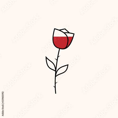 Minimal rose icon. Outline vector concept of a flower shaped wine glass.