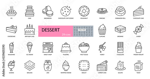 Vector set of dessert icons. Editable Stroke. Includes popular sweet dishes, pie, cake, cookies, ice cream, pancakes, milkshake, pudding, fruit salad, chocolate, yogurt, biscuit, chocolate, honey, jam