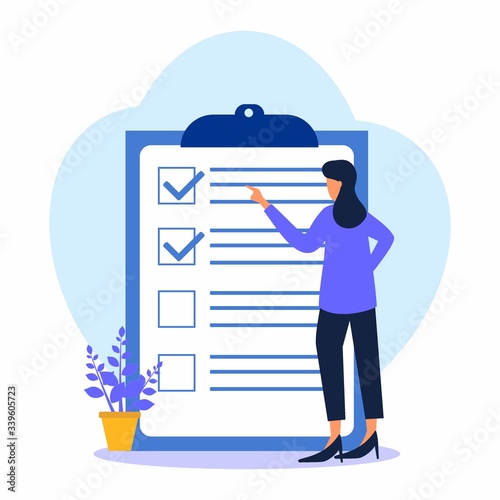 A positive business woman points in the direction marked by a checklist on whiteboard paper. Successfully complete business assignments. Flat vector illustration.