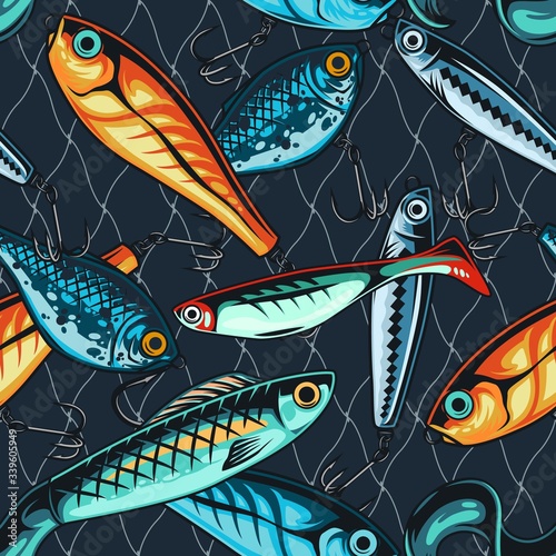 Colorful fishing lures seamless pattern