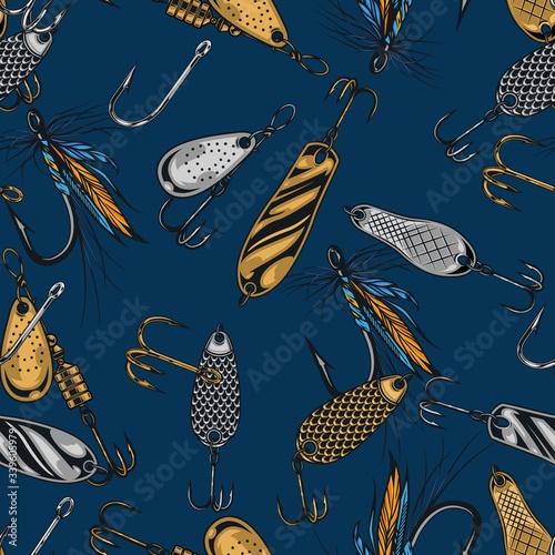 Fishing baits vintage seamless pattern