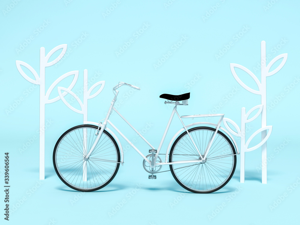 Fototapeta premium White bicycle with tree shape decoration frame 3d rendering. 3d illustration ecological urban transport. Vintage bicycle on yellow background. Relax, travel, holiday template Summer minimal concept.