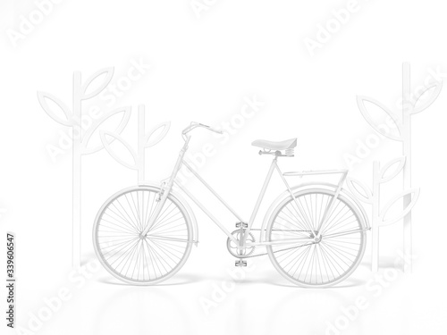 White bicycle with tree shape decoration frame 3d rendering. 3d illustration ecological urban transport. Vintage bicycle on white background. Relax, travel, holiday template Summer minimal concept.