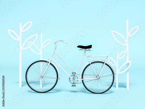 White bicycle with tree shape decoration frame 3d rendering. 3d illustration ecological urban transport. Vintage bicycle on yellow background. Relax, travel, holiday template Summer minimal concept.