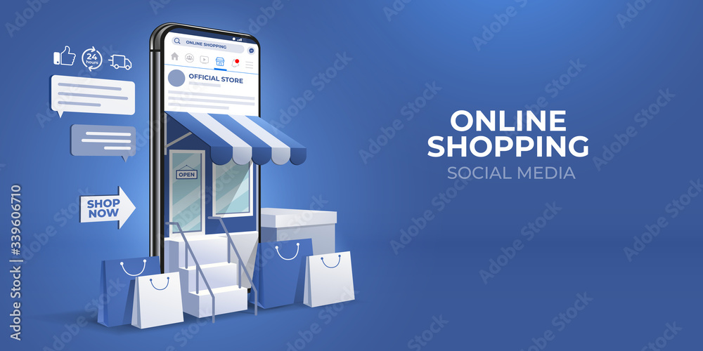 the concept of online shopping on social media app. 3d Smartphone with shopping bag, chat message, delivery, 24 hours, and like icon. suitable for promotion of digital stores, web and ad. illustration