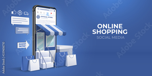 the concept of online shopping on social media app. 3d Smartphone with shopping bag, chat message, delivery, 24 hours, and like icon. suitable for promotion of digital stores, web and ad. illustration photo