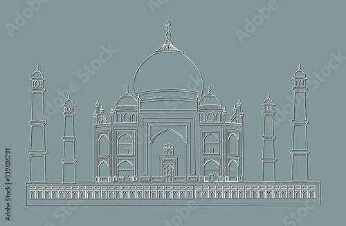 Taj Mahal of India using white lines on black background