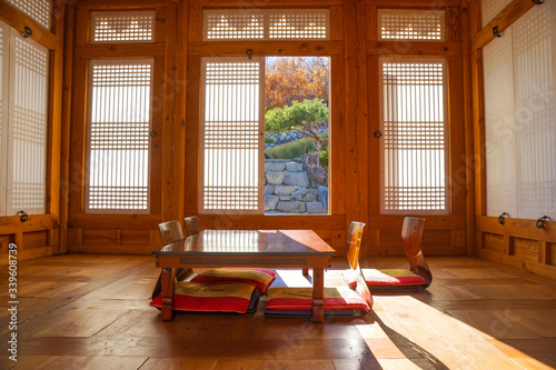 Interior with sliding doors, a small table.Traditional korean architecture.