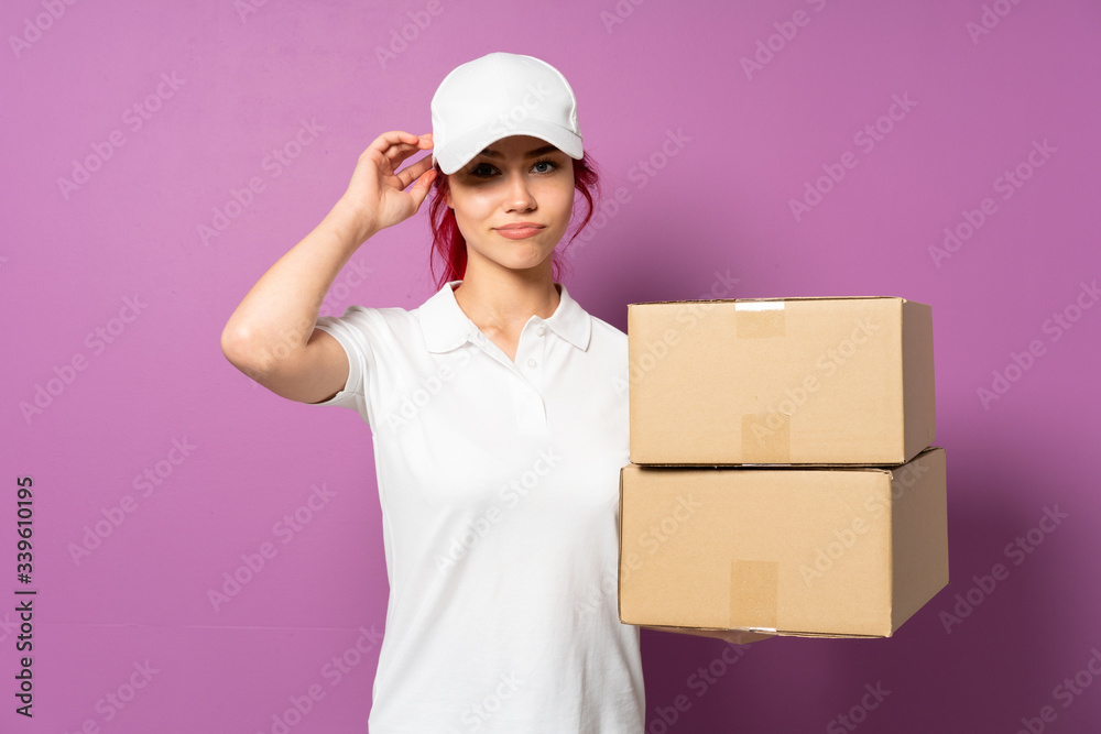 Teenager delivery girl isolated on purple background having doubts Teenager delivery girl isolated on purple background having doubts